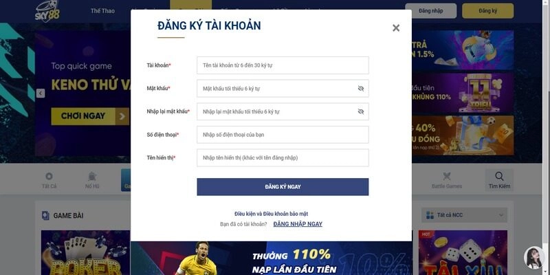 Kích hoạt tài khoản khi đã đăng ký Sky88 thành công